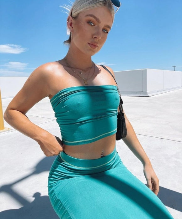Color-Lake Blue Tube Top-Spring Summer Tube Top Contrast Color Line Skinny Sheath Long-Sleeved Suit-Fancey Boutique