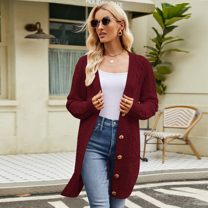 Color-Purplish Red Sweater Coat-Idle Long Sweater Coat Twisted Floral Autumn Winter Solid Color V neck Knitted Cardigan Women Knitwear-Fancey Boutique