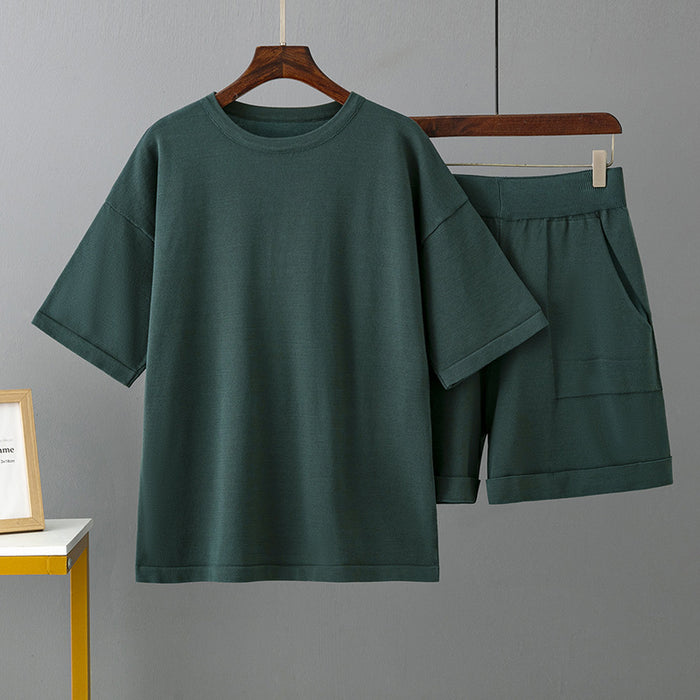 Color-Vegetable green-Solid Color round Neck Short Sleeve T Shirt Shorts Set Women Summer Loose Outer Wear Casual Ice Silk Two Piece Suit-Fancey Boutique