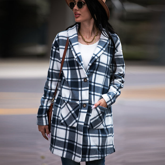 Color-Blue-Autumn Winter Women Collared Pocket Plaid Wool Coat-Fancey Boutique