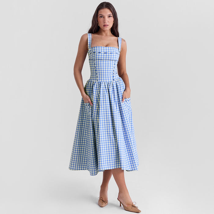 Sexy Women Clothing Summer Pastoral Mid Length Blue Plaid Sling Dress Summer Women High Sense Vacation Dress-Fancey Boutique