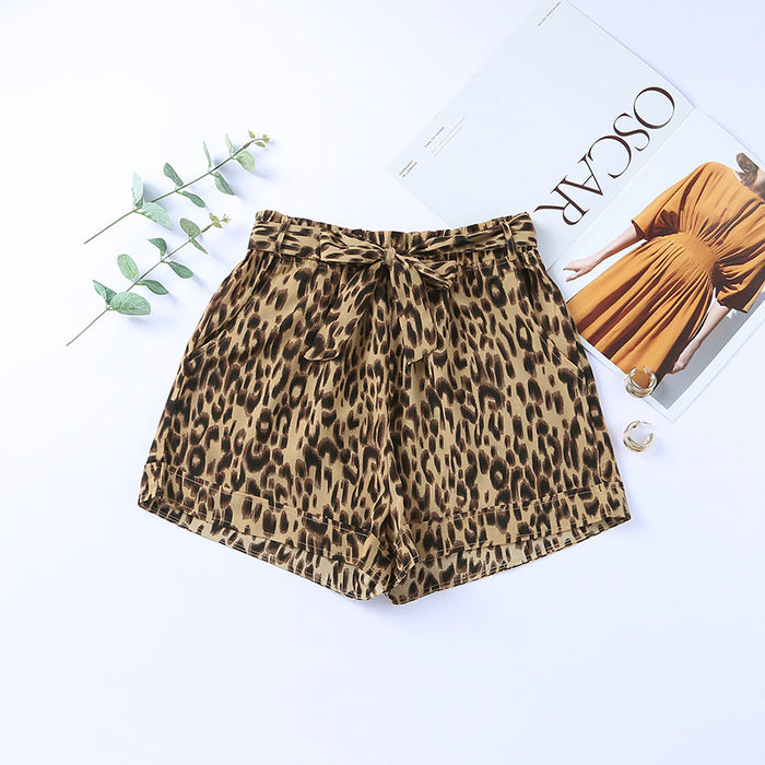 Color-Leopard-Leopard Print Lace up Shorts Women Summer High Waist Straps Short Women Sports Casual Pants-Fancey Boutique