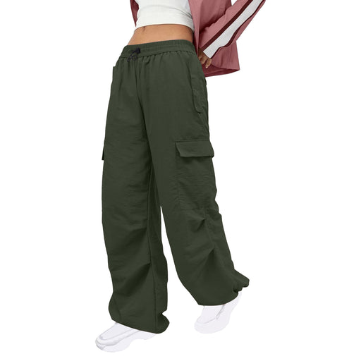 Color-Army Green-Women Clothing Solid Color Nylon Multi Pocket Loose Cargo Pants-Fancey Boutique
