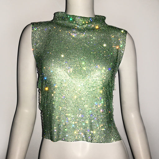 Color-Green-Women's Clothing Full Diamond Vest Luxury Turtleneck Rhinestone Top Sexy Nightclub Sexy Vest-Fancey Boutique