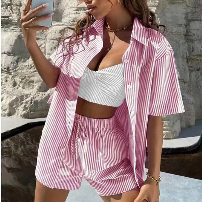 Color-Pink-Summer Collared Casual Striped Short Sleeved Two Piece Women Pants Suit-Fancey Boutique