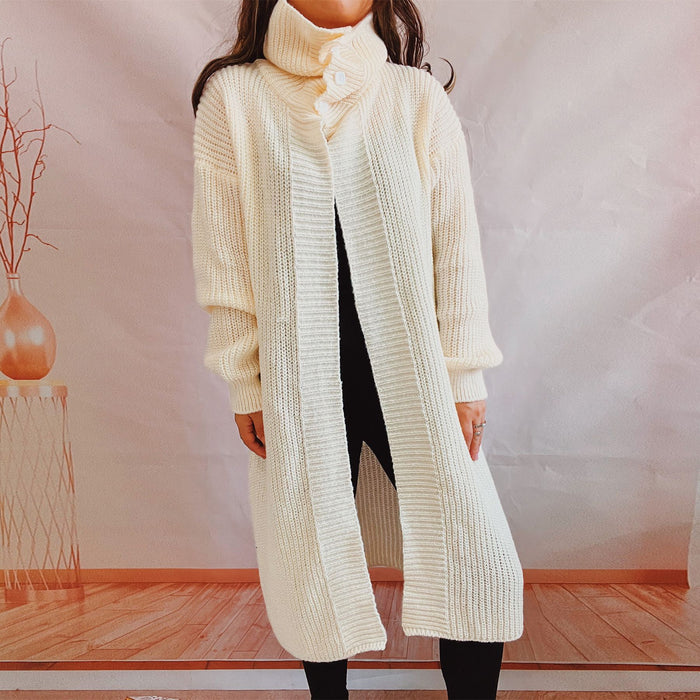 Color-Autumn Winter Lengthened Loose Solid Color Three Button Turtleneck Collared Knitted Sweater Cardigan-Fancey Boutique