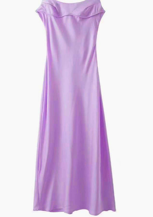 Color-Purple-Spring Summer Back Hollow Out Cutout Design Silk Satin Texture Slit Dress-Fancey Boutique