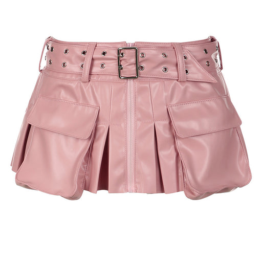 Color-Pink-Punk Motorcycle Sexy Women Pink Leather Pocket Skirt Belt Pleated Skirt-Fancey Boutique