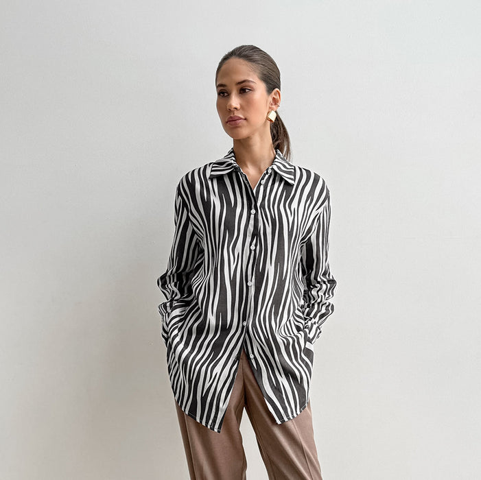 Autumn Printed All Matching Zebra Print Loose Collared Long Sleeves Shirt Russian Classic Retro Shacket Women