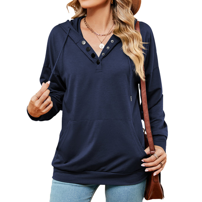 Color-Navy Blue-Autumn Winter Solid Color Buttons Drawstring Pocket Loose Long Sleeve Sweatershirt Women-Fancey Boutique