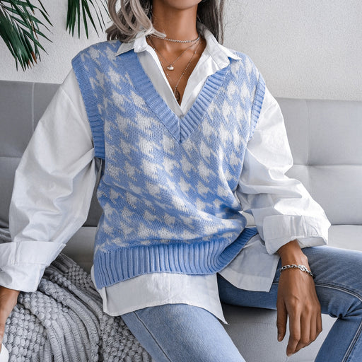 Color-Blue-Autumn Winter V-neck Houndstooth Casual Loose Knitted Vest Sweater Waistcoat Women Clothing-Fancey Boutique
