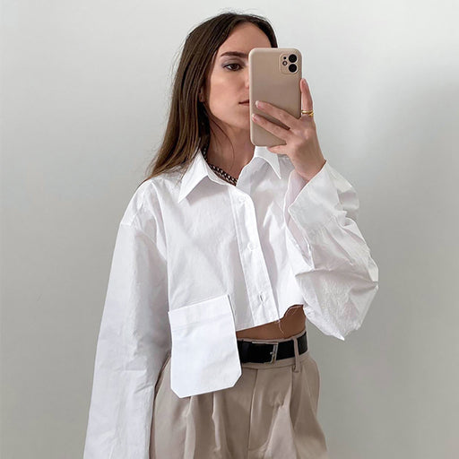 Color-White-Autumn Cropped Asymmetric Stitching Casual Dignified Sense of Design Short Model in White Color Shirt Women Clothing-Fancey Boutique