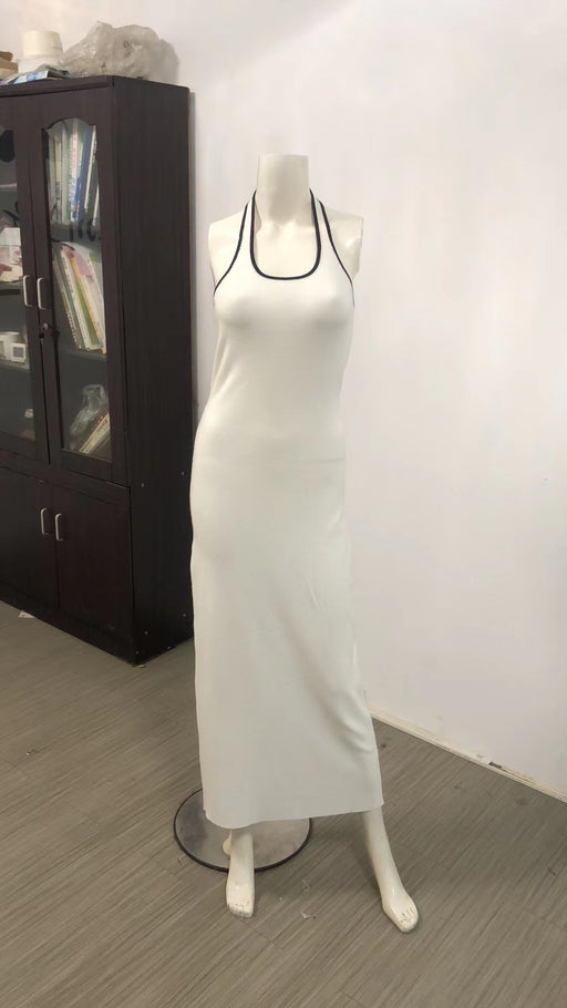 Color-White-Casual Dehaired Angora Covering Yarn Halter Contrast Color round Neck Slimming Knitted Long Backless Split Dress Women-Fancey Boutique