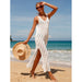 Travel Vacation Sexy Backless V-neck Solid Color Breathable Knitted Slit Maxi Dress Beach Sun Protection Blouse-Fancey Boutique