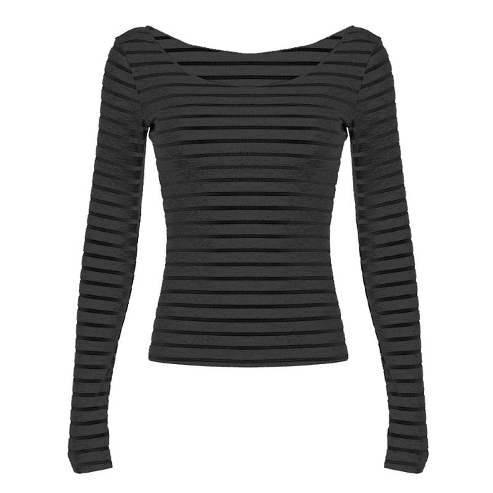 Off Shoulder Striped Lightweight Slim Fit Long Sleeve Blouse Sexy off Shoulder Simple All Match Slim Fit Casual Shirt-Dark Grey-Fancey Boutique