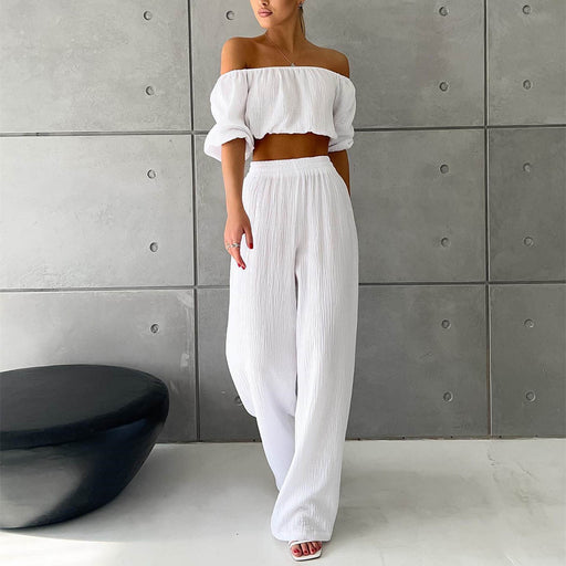 Color-White-Two Piece Women Summer Pure Cotton Champray Solid Color off Neck Short Sleeved Top High Waist Wide Leg Pants Casual Suit-Fancey Boutique