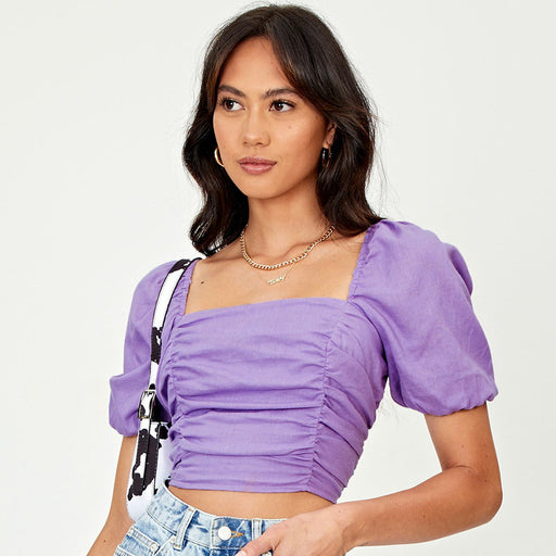 Color-Purple-Autumn Women Wear Design Pleated Puff Sleeve Shirt Niche Square Collar Shirt-Fancey Boutique