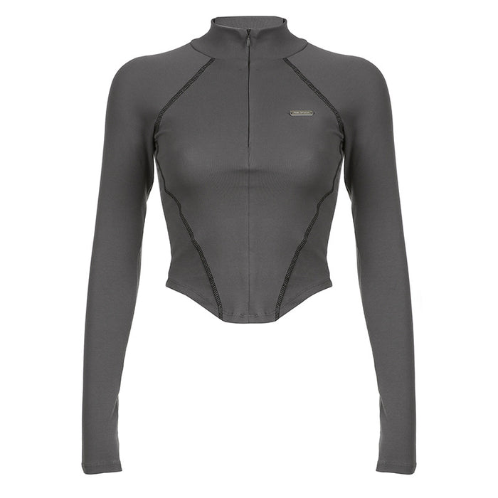 Mechanical Line Design Sexy Fitness Sports Waist Trimming Half Turtleneck Zipper Bottoming Long Sleeve-Gray-Fancey Boutique