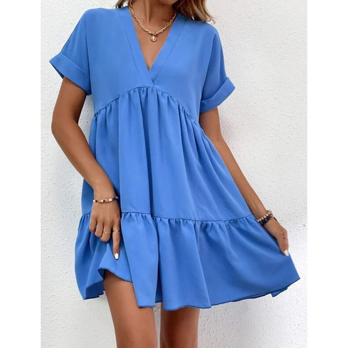 Color-skyblue-Women Solid Color Loose Waist Midi Dress V neck Dress for Women-Fancey Boutique