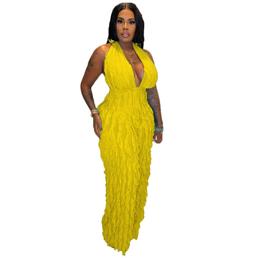 Color-Yellow-Women Clothing Spring Summer Wave Pattern Sexy Bandeau High Waist Jumpsuit-Fancey Boutique