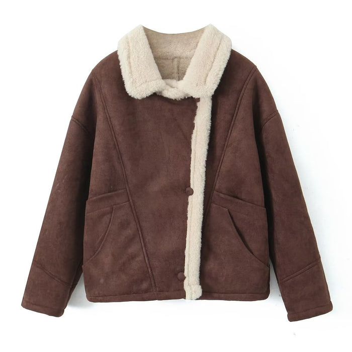 Color-Coffee-Women Clothing Autumn Winter Retro Lamb Wool Collared Loose Casual Warm Jacket-Fancey Boutique