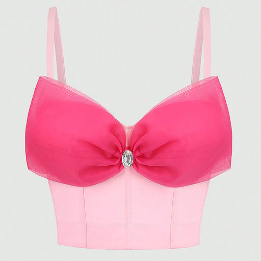 Diamond Surface Big Bow Outer Wear Sling Cute Loli Inner Sand Surface Boning Corset Bra Vest-Pink-Fancey Boutique