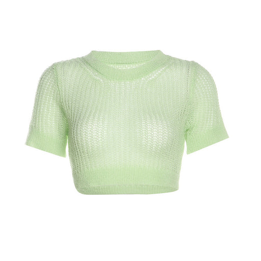 Color-Green-Spring Summer Women Clothing round Neck Pullover Short Sleeve Cropped See through Sexy Slim Knit T shirt-Fancey Boutique