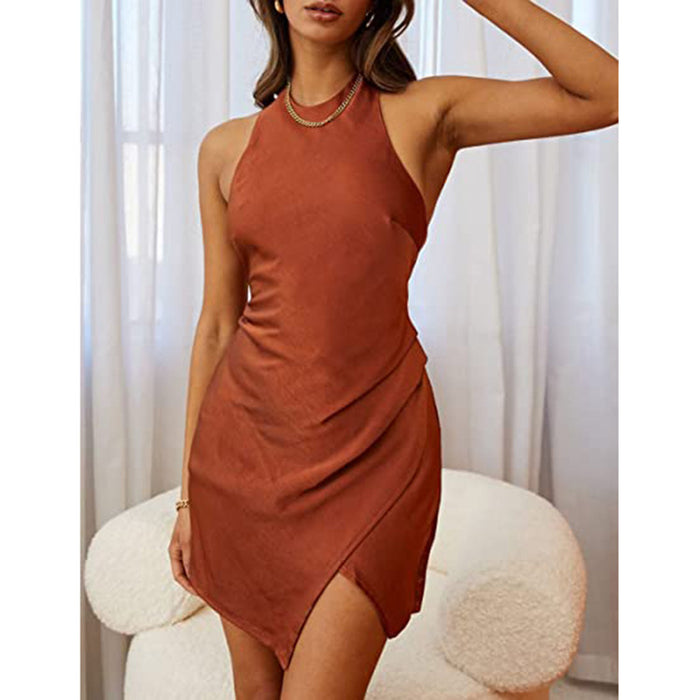 Color-Brown-Women Clothing Solid Satin Halter Backless Slit Mini Dress Gown-Fancey Boutique