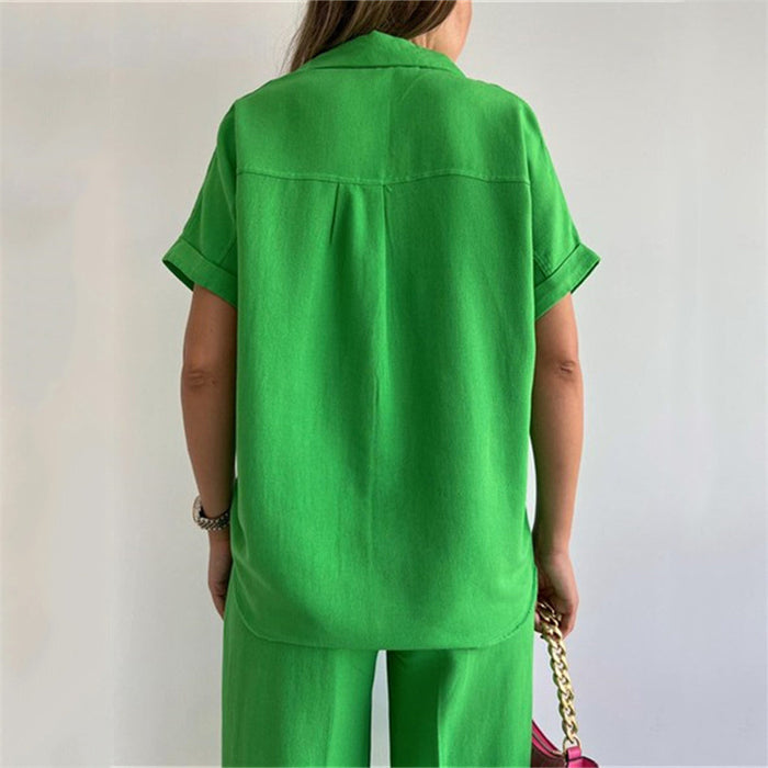 Color-Wide Leg Pants Suit Spring Summer Loose Sleeve Shirt Top Casual Trousers Two Piece Women Clothing-Fancey Boutique
