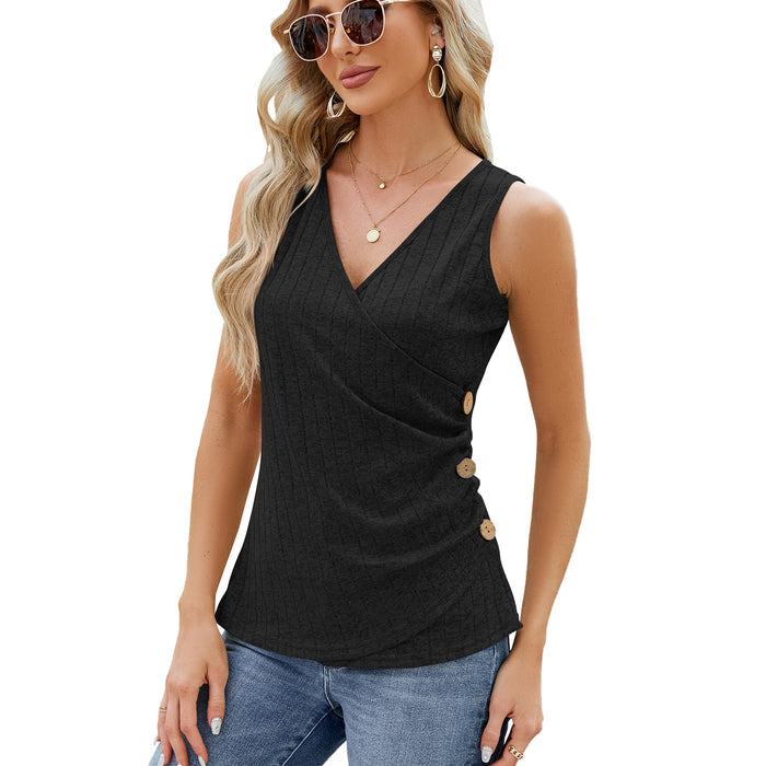 Summer Solid Color V neck Button Cinched Sleeveless Vest Top Ladies-Black-Fancey Boutique