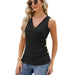 Summer Solid Color V neck Button Cinched Sleeveless Vest Top Ladies-Black-Fancey Boutique