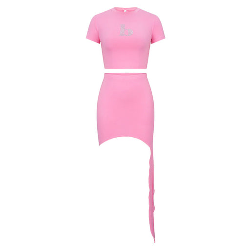 Color-Pink-Women Clothing Spring Summer round Neck Rhinestone Letters Irregular Asymmetric Sexy Hip Skirt Casual Set-Fancey Boutique