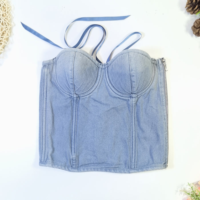 Lace up Beauty Back Tight Waist Denim Vest Outer Wear Corset Nightclub Cocktail Tube Top-Blue-Fancey Boutique