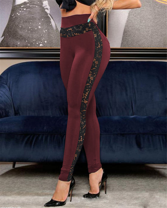 Summer Solid Color Lace Stitching Hip Lifting Sports Pants Yoga Pants Skinny Leggings Women Clothing-Burgundy-Fancey Boutique