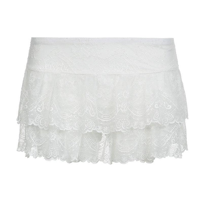 Color-White-Girl Lace See Through Thin Sexy Low Waist Solid Color All Matching A Line Miniskirt Spring Summer-Fancey Boutique