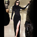 Color-Women Clothing Long Sleeve Half Turtleneck Jumpsuit Sexy Pleated Split Skirt Slim Fit Sexy Set-Fancey Boutique