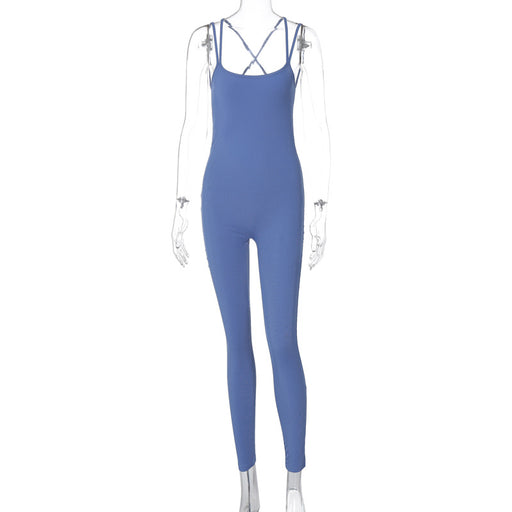 Color-Blue-Winter Women Clothing Solid Color Rib Sexy Backless Slim Fit Sports Jumpsuit-Fancey Boutique
