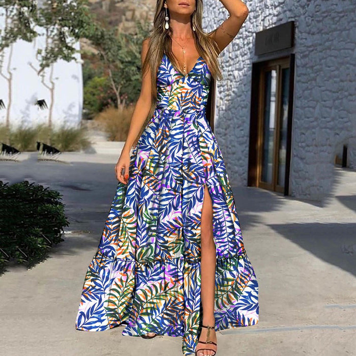 Summer Women Clothing Dress V neck Strap Printed Leaves Beach Vacation Split Dress-Fancey Boutique