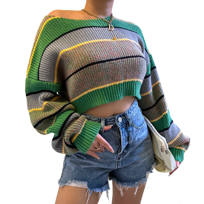 Color-Green-Women Clothing Autumn Winter Off The Shoulder Cropped Knitted Sweater Sweater-Fancey Boutique