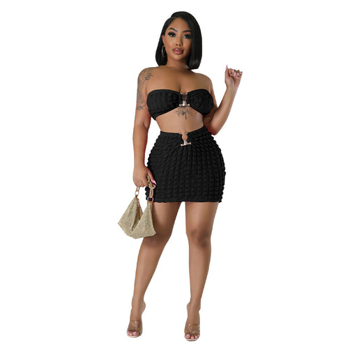 Color-Black-Women Clothing Popcorn Sexy Cropped Wrapped Chest Short Skirt Bubble Two Piece Set-Fancey Boutique