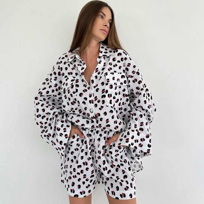 Pure Cotton Printing Long Sleeve Shorts Cardigan Homewear Women Comfortable Skin Friendly Pajamas Can Be Worn outside-Red Printing-Fancey Boutique