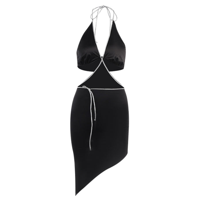 Color-Drill Chain V neck Halter Hollow Out Cutout Beveled Dress Spring Sexy Slim Fit Sexy Backless-Fancey Boutique