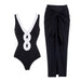 Black White Simple Hollow Out Cutout Out Swimsuit Women Skirt Set-Black-Fancey Boutique