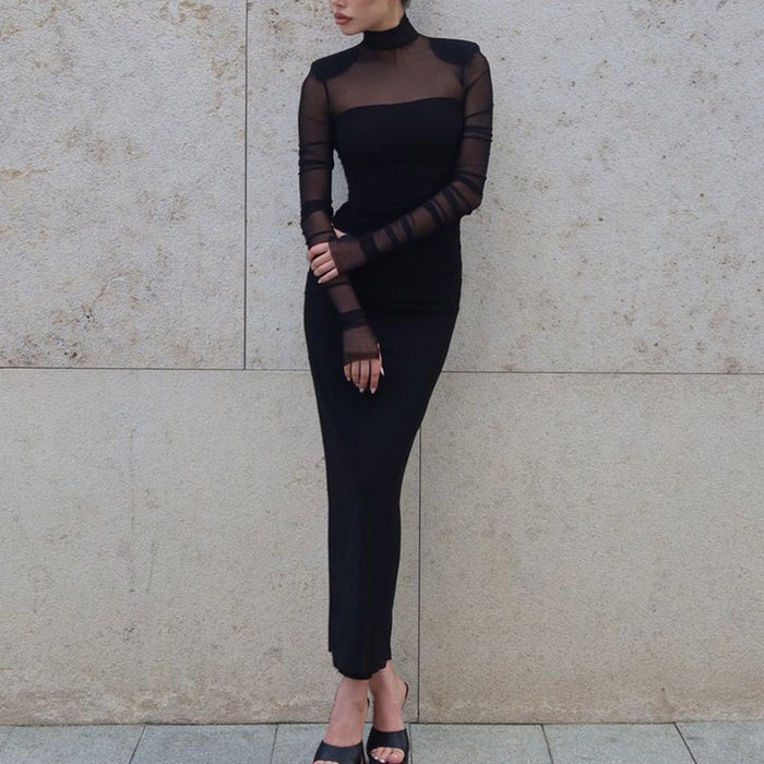 Elegant Women Clothing Half Turtleneck Mesh Slim Fit Patchwork Sexy Padded Shoulder Solid Color High Sense Maxi Dress Women-Fancey Boutique