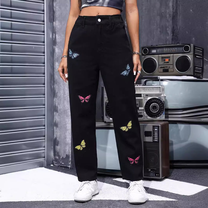 Women Spring Summer Elastic Straight Leg Denim Trousers Butterfly Print Casual Slimming Black-Fancey Boutique