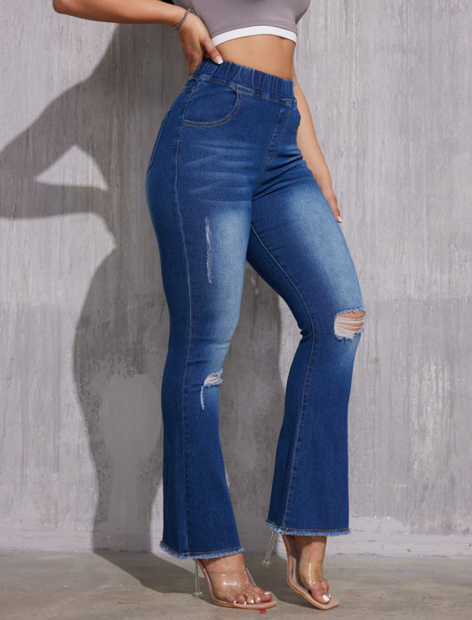 Ripped Slim Fit Wide Leg High Waist Elastic Waist Jeans for Women-Fancey Boutique