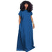 Color-Navy Blue-Denim Dress Popular Retro Loose Deep V Plunge Neck Backless Dress-Fancey Boutique