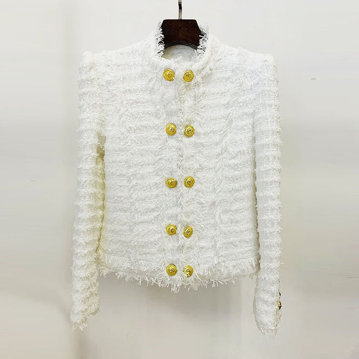 Color-White-Goods Autumn Winter Star Tassel Fringe Tweed Stand Collar Slim Fit Jacket-Fancey Boutique