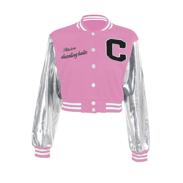 Color-Pink-Metallic Coated Fabric Street Stitching Embroidered Varsity Jacket Autumn Winter Three Dimensional Button Slim Jacket-Fancey Boutique
