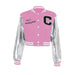 Color-Pink-Metallic Coated Fabric Street Stitching Embroidered Varsity Jacket Autumn Winter Three Dimensional Button Slim Jacket-Fancey Boutique